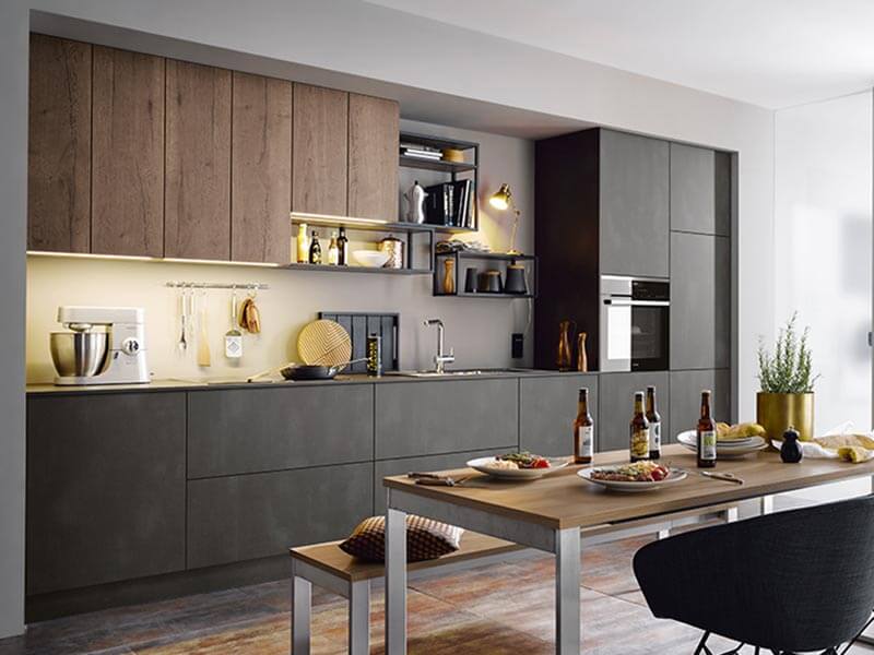 Küche schwarz dunkel Holz-Optik Beton-Optik modern﻿